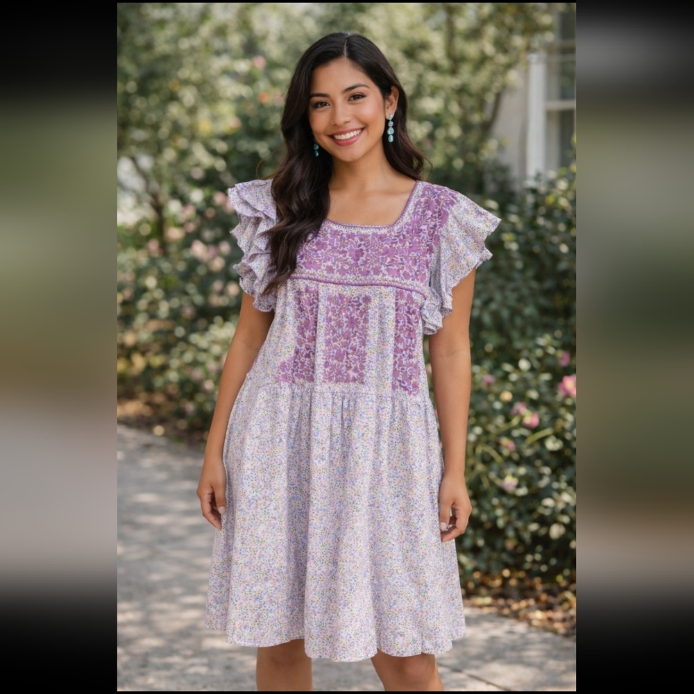 Embroidered Lavender Floral Ruffle Sleeve Dress